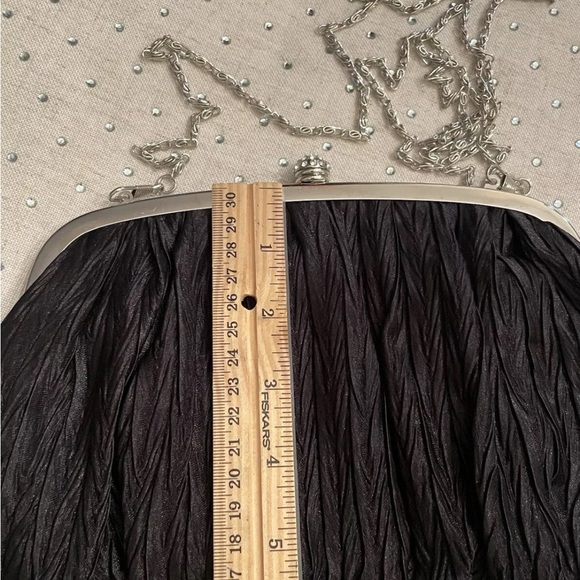 Vintage Neiman Marcus Black Silk Clutch Purse Silver Chain & Rhinestone Clasp - Picture 10 of 11